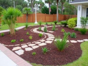 Custom landscape design with shrubs and mulch beds in Jacksonville Florida