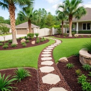 Professional landscaping and stone walkway at a Jacksonville FL residential property