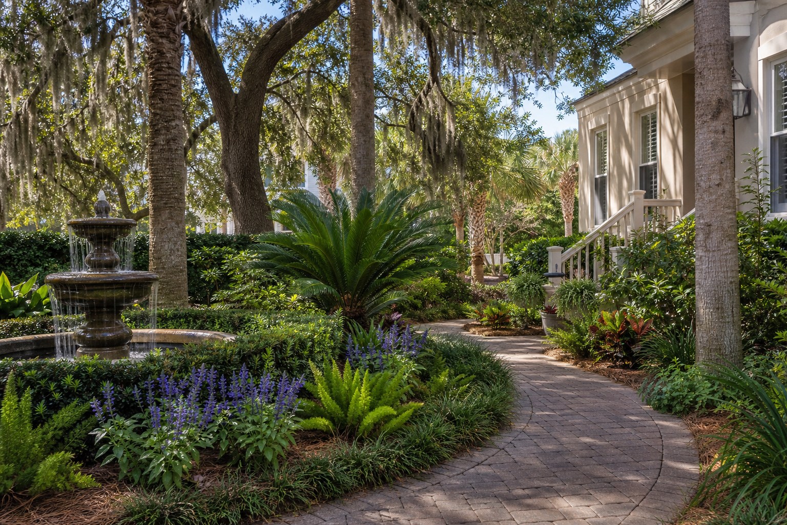 Designed coastal Florida garden with palms and live oak in Jacksonville, Florida