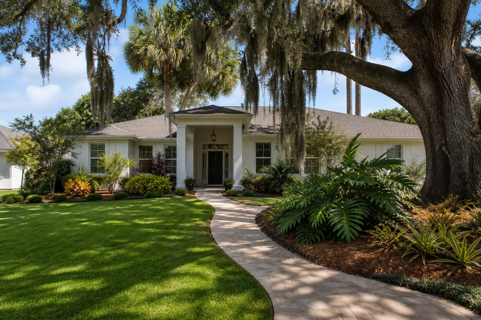 Pristine St. Augustine front lawn with palms in Jacksonville, Florida