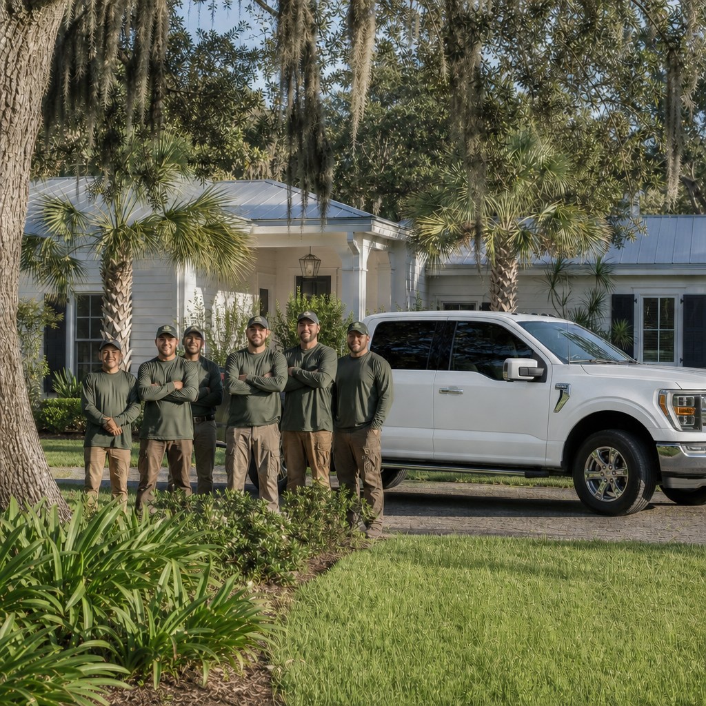 Jacksonville landscaping team and work truck at a residential property in Jacksonville, Florida