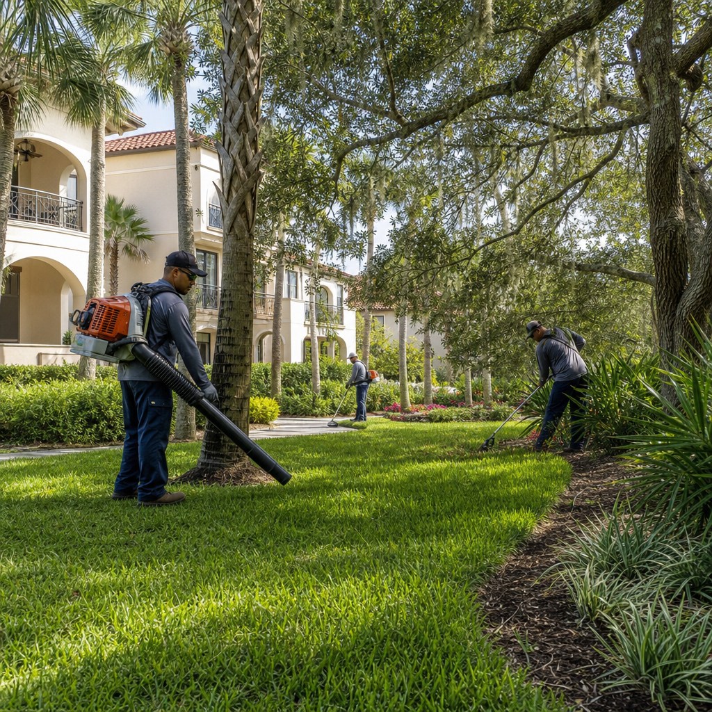 Commercial landscaping crew maintaining a property in Jacksonville, Florida
