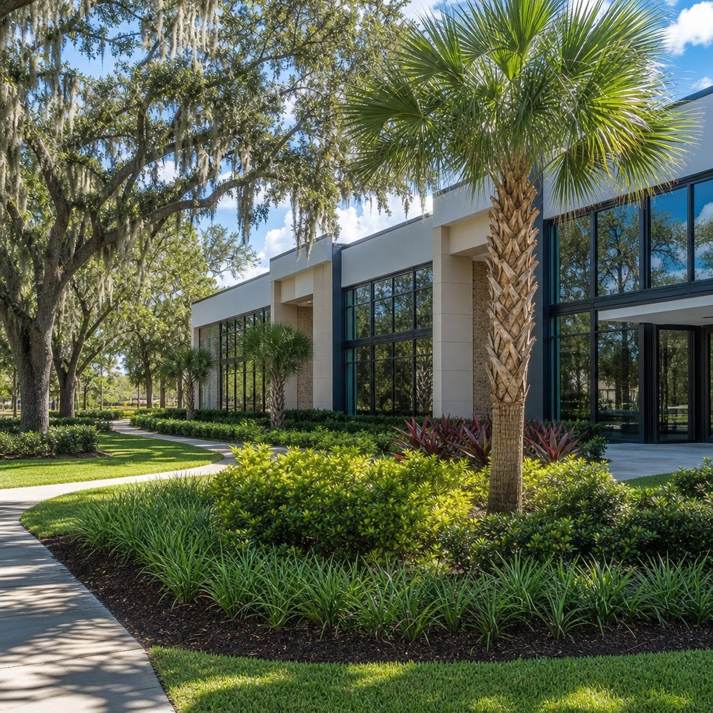 Commercial office building with maintained coastal Florida landscaping in Jacksonville, Florida