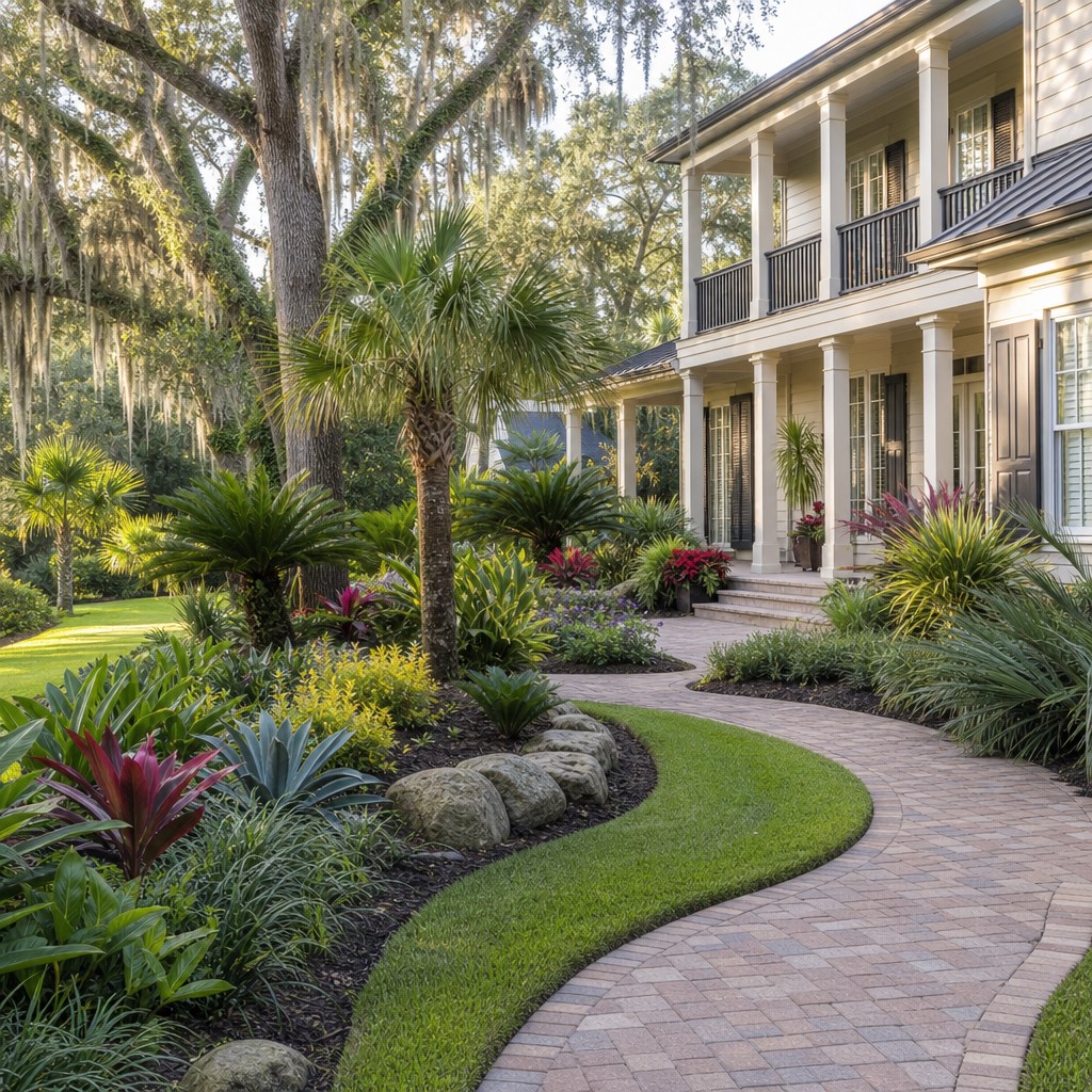 Completed coastal Florida landscape installation with palms in Jacksonville, Florida