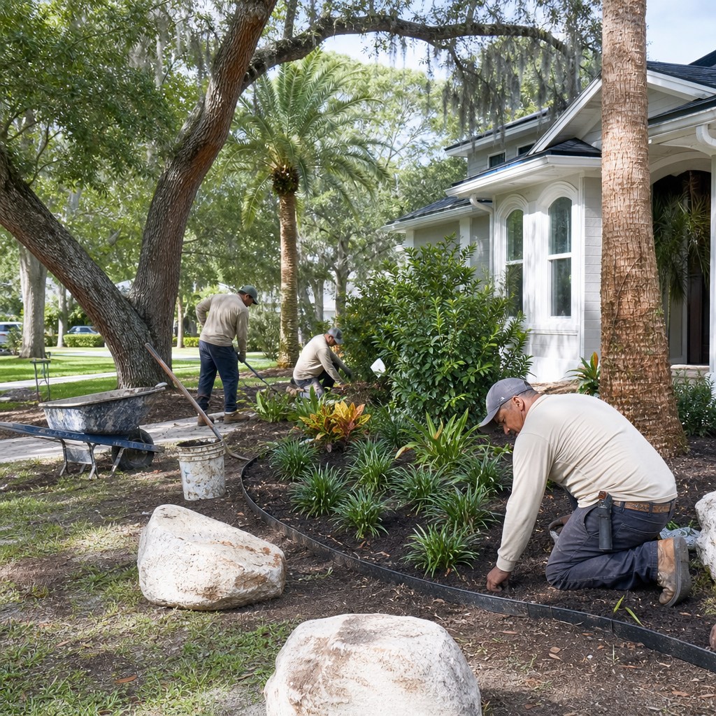 Landscaping crew installing a new garden bed in Jacksonville, Florida