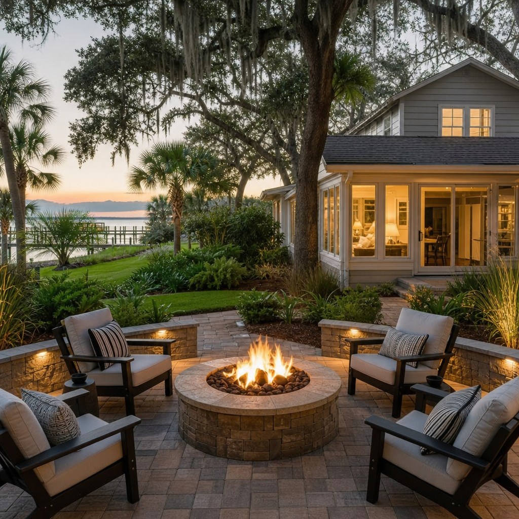 Stone fire pit lounge on a paver patio in Jacksonville, Florida