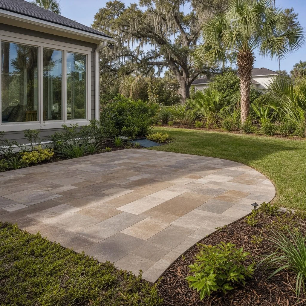 Coquina-style hardscape patio at a St. Augustine home