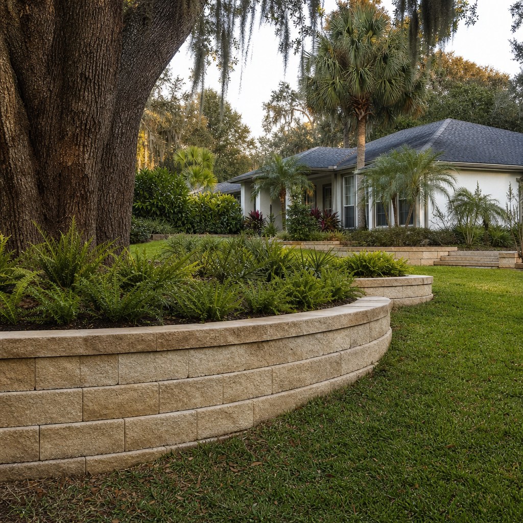 Natural stone retaining and seat wall with planting beds in Jacksonville, Florida