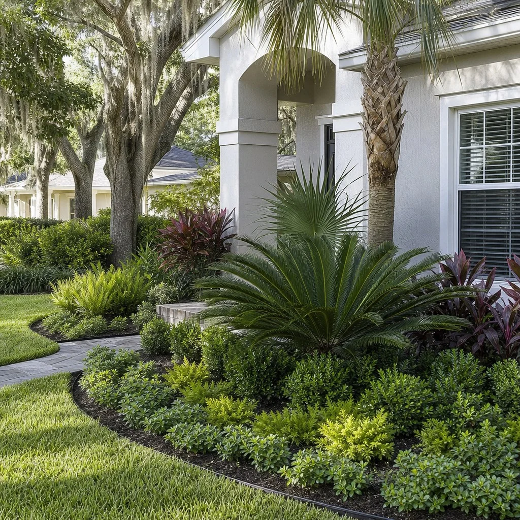 Designed front-yard bed with sabal palms and live oak in Jacksonville, Florida