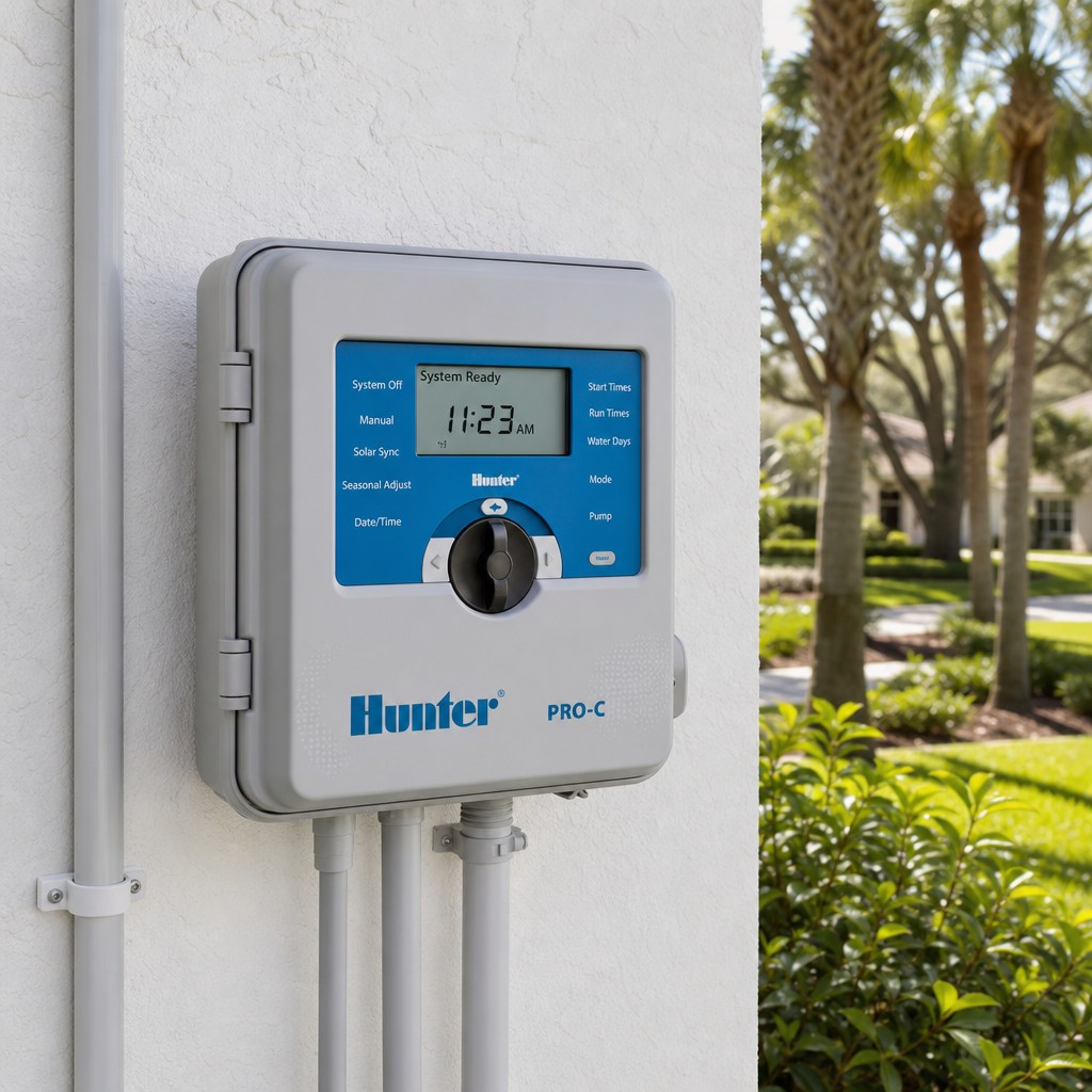 Wall-mounted smart irrigation controller on a Jacksonville, Florida home