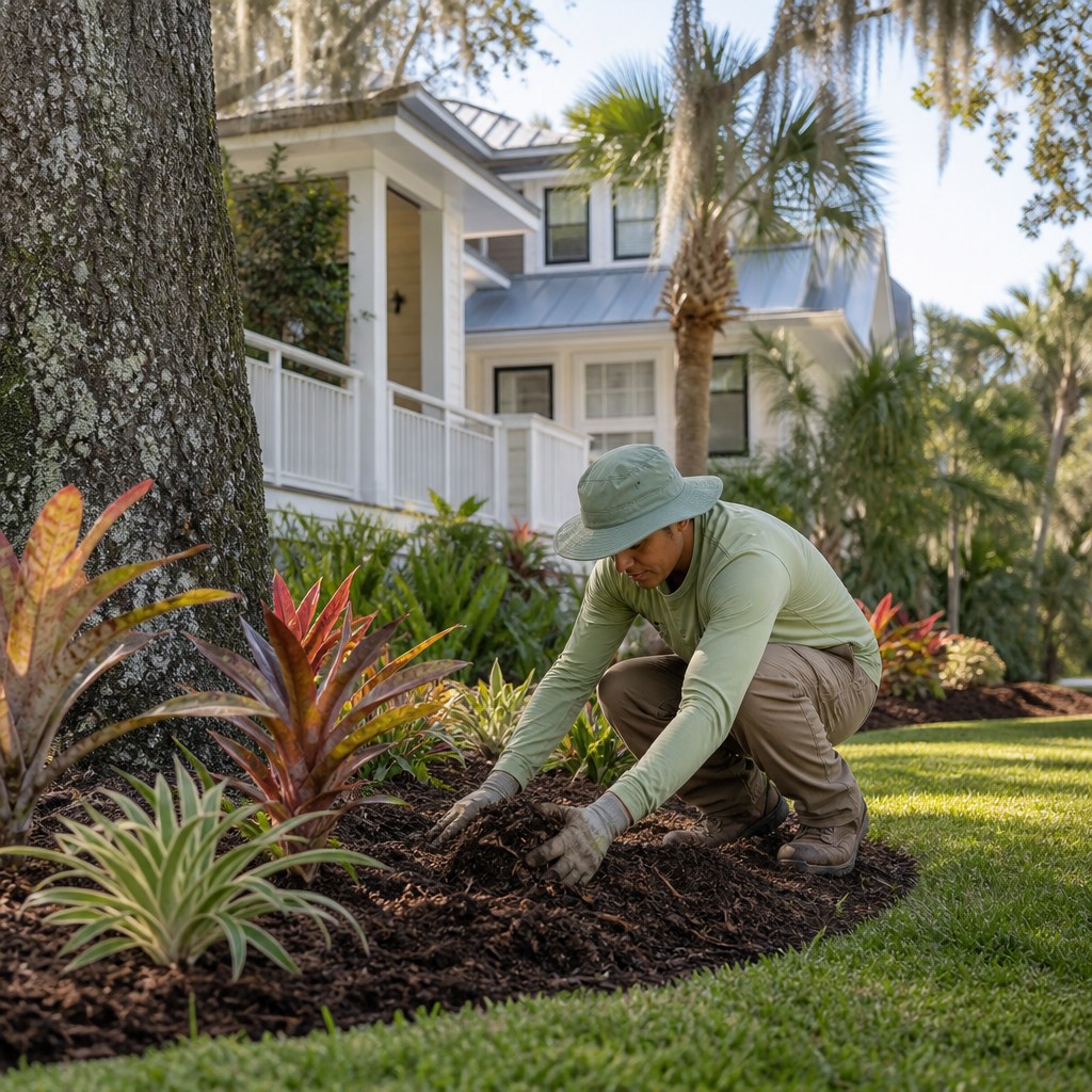 Seasonal planting bed cleanup and mulching in Jacksonville, Florida