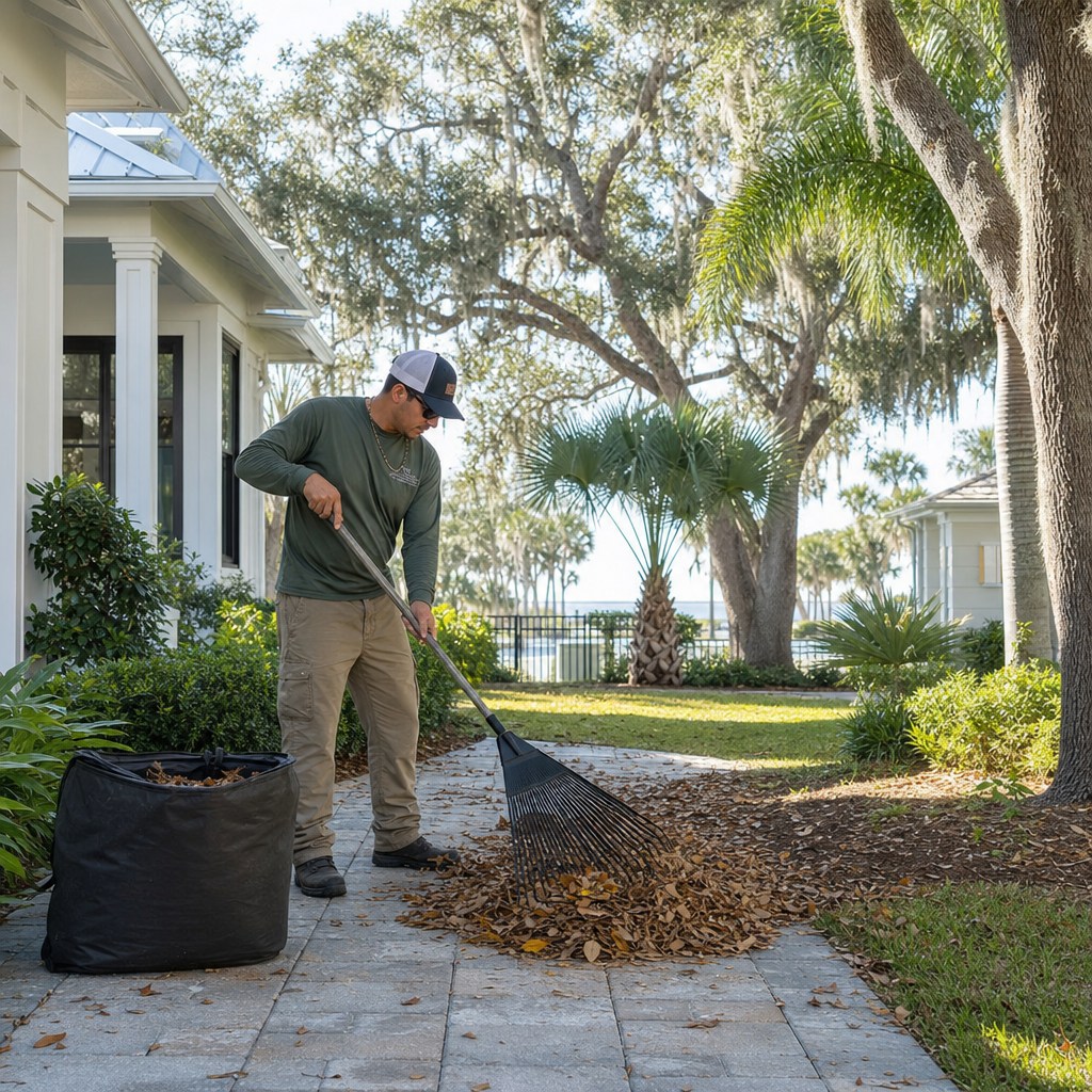 Landscaper clearing fallen leaves at a Jacksonville, Florida residential property