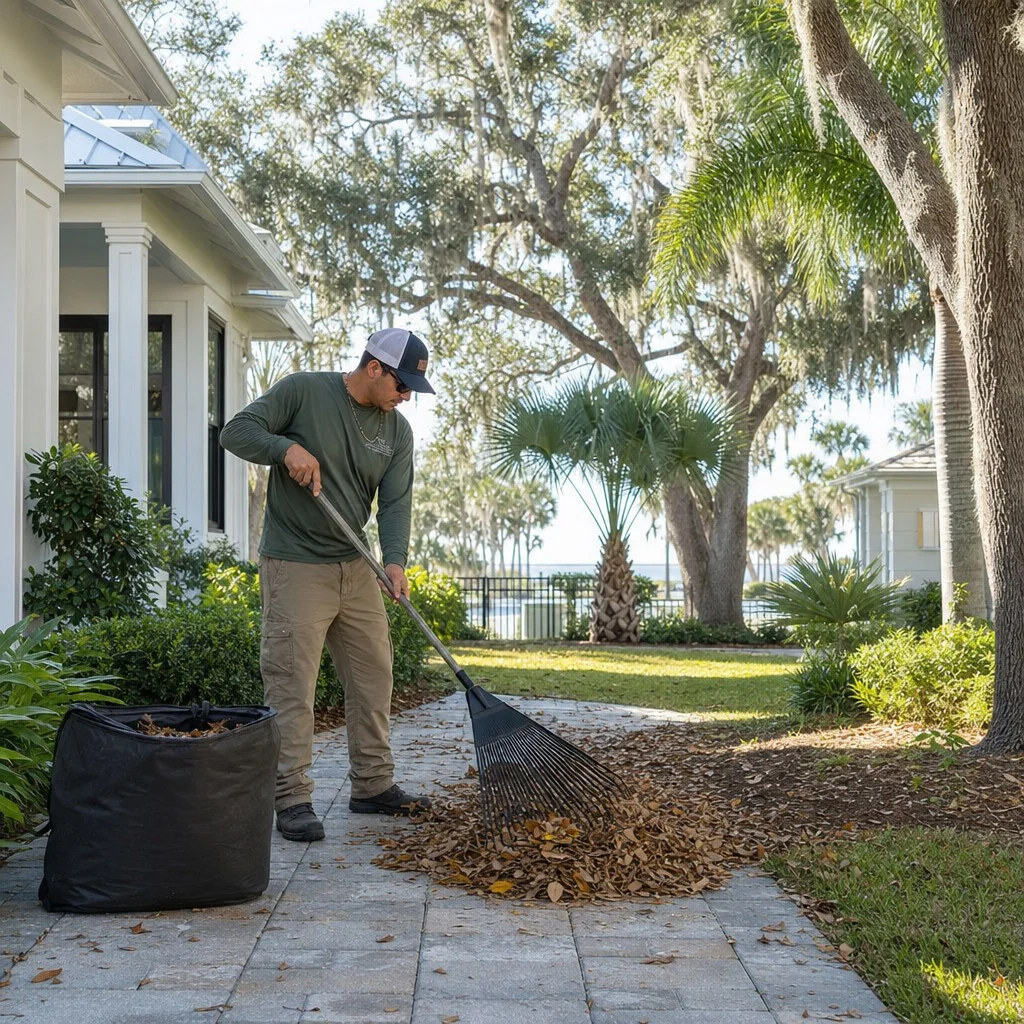 Live-oak and Spanish-moss leaf cleanup at a Mandarin riverside property