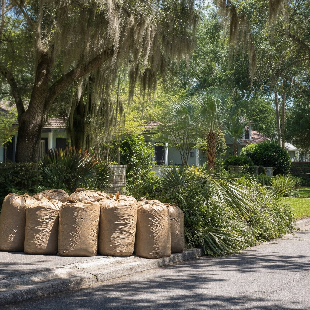 Bagged yard waste at the curb for haul-off in Jacksonville, Florida