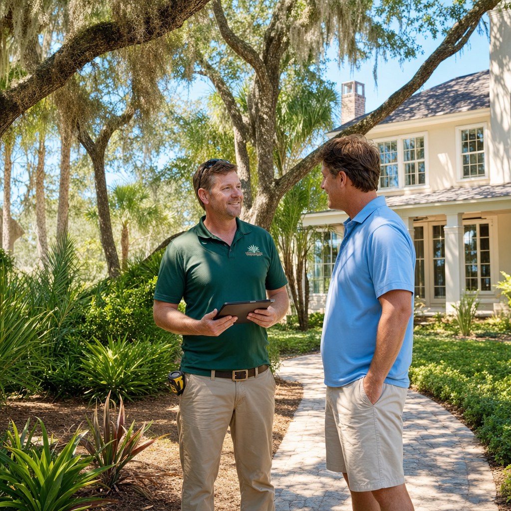 Landscaping professional consulting with a homeowner during an on-site estimate in Jacksonville, Florida