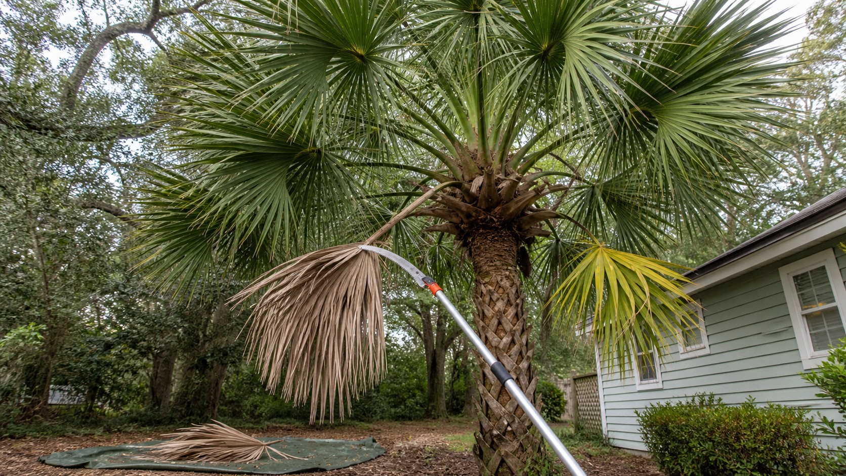 Sabal palm in Jacksonville with a dead frond removed while green and yellowing fronds remain