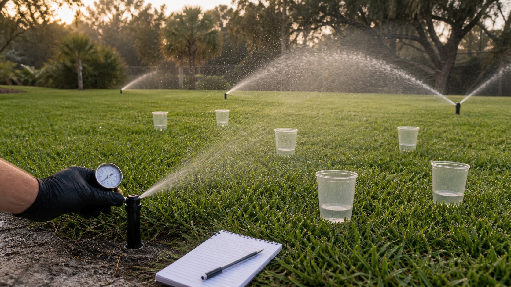 Jacksonville lawn irrigation zone tested with catch cups and a pressure gauge